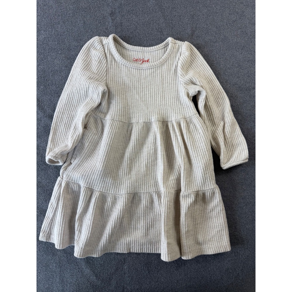 Cat & Jack Tiered Dress Girls 2T Oatmeal Waffle Knit Long Sleeve Pockets NWOT